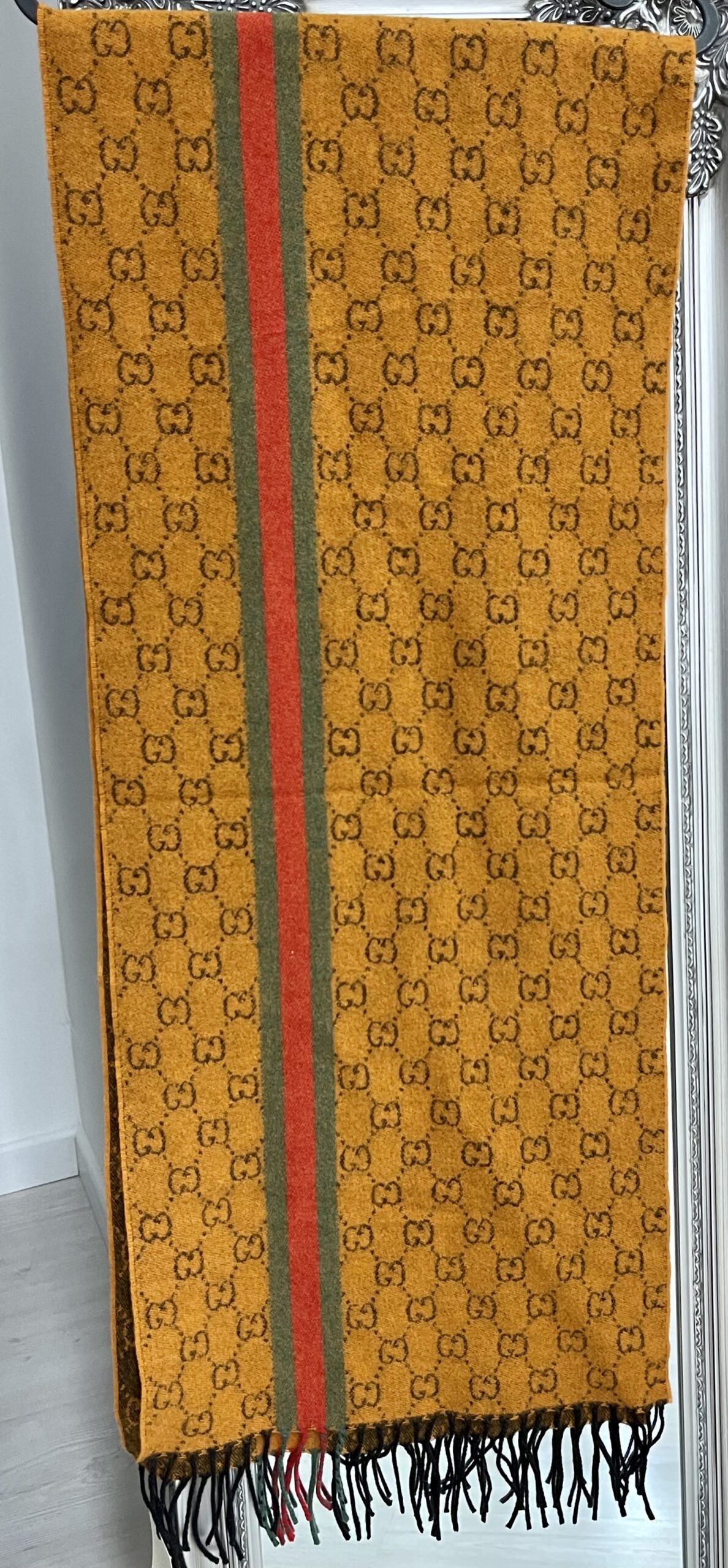 Gucci sciarpa cashmere color arancio stampa GG e fascia rossa/verde